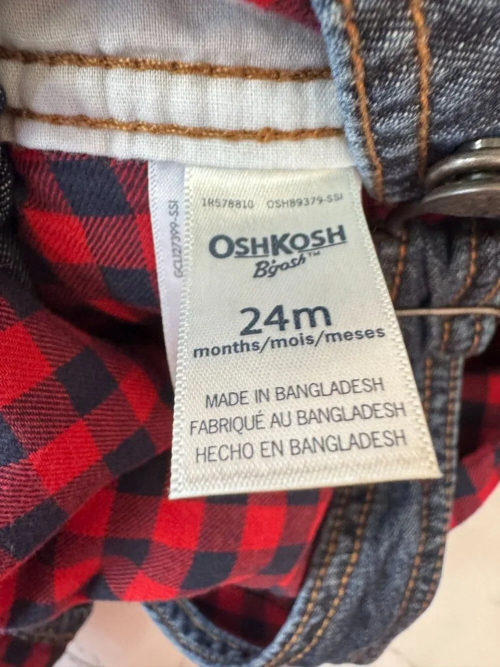 OshKosh Bgosh Denim Overalls Toddlers Red Buffalo Plaid Lined Kid Size 24 Months